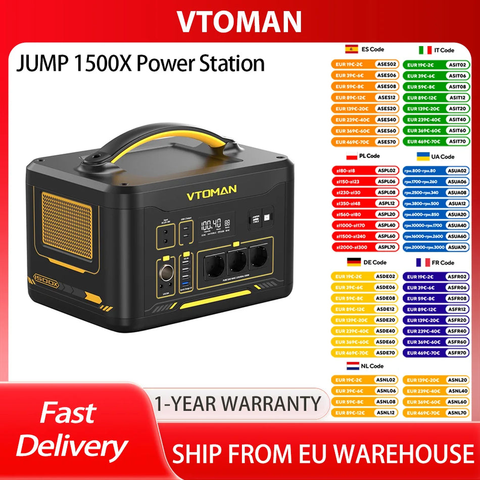 VTOMAN JUMP 1500X Stazione di Alimentazione Portatile Generatore Solare 1500W Uscita Continua 828Wh LiFePO4 Espandibile fino a 2376Wh