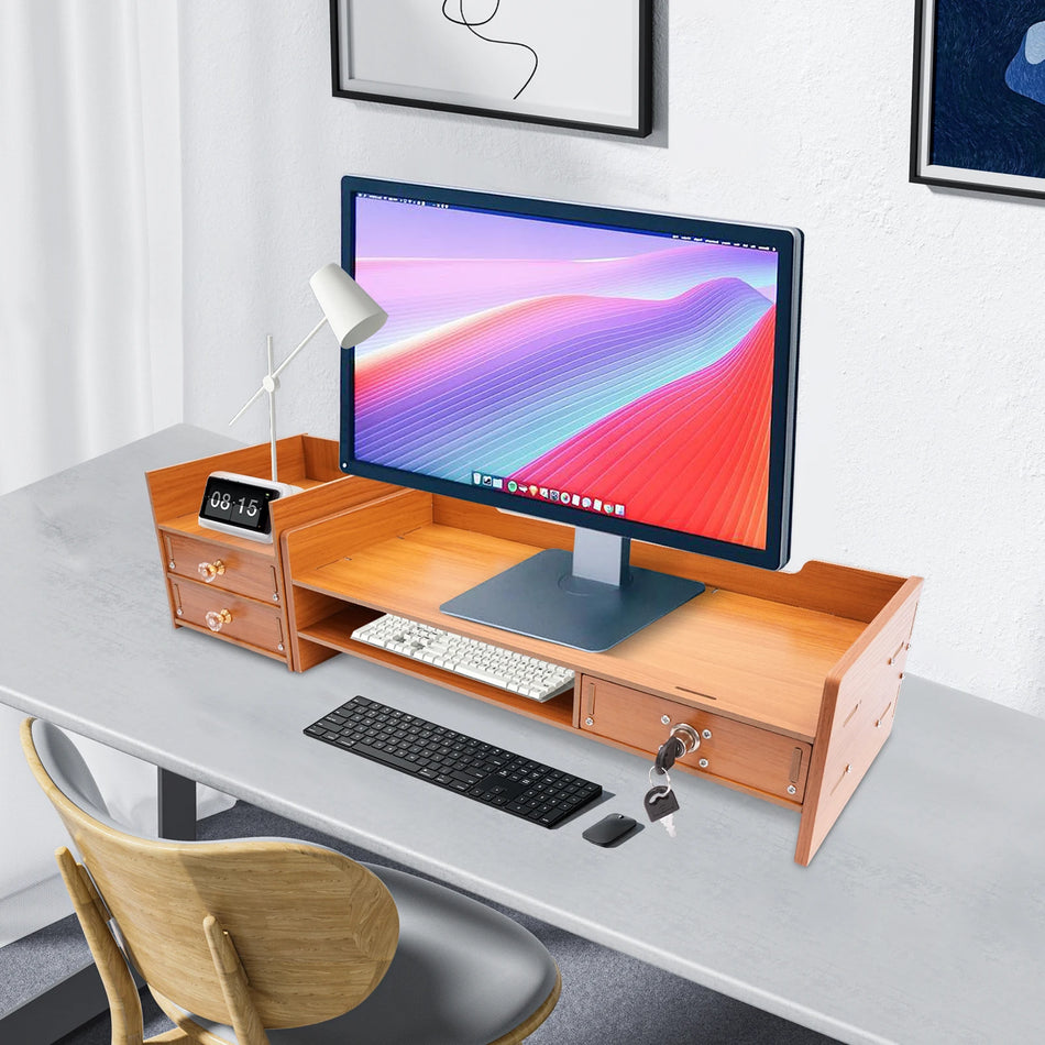 Supporto per Monitor da Tavolo in Legno con Cassetti e Porta Telefono