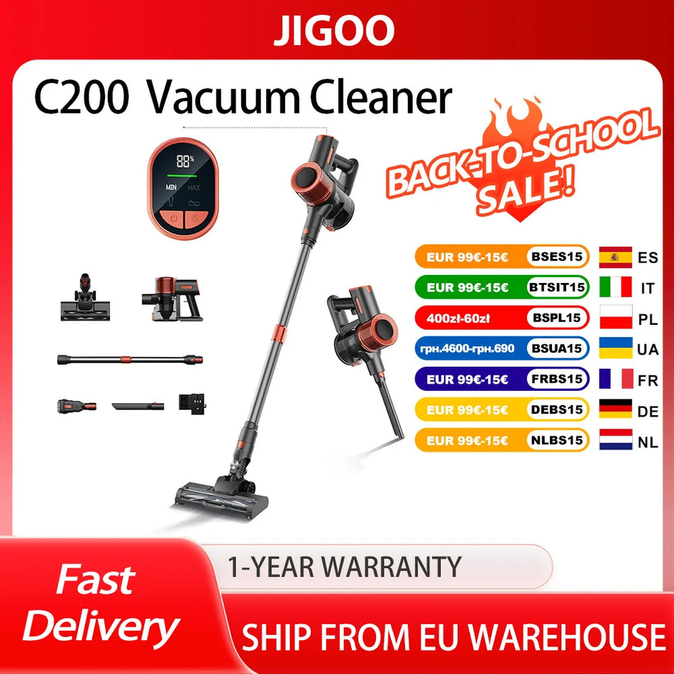 JIGOO C200 Cordless Vacuum Cleaner With 23KPa Suction, 40 Min Runtime, LED Headlight, Telescopic Metal Tube, 2 Modes