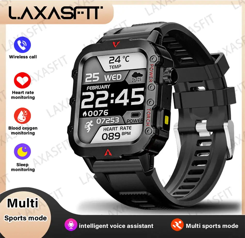 LAXASFIT Men's Smart Watch LED Flashlight Outdoor Health Black