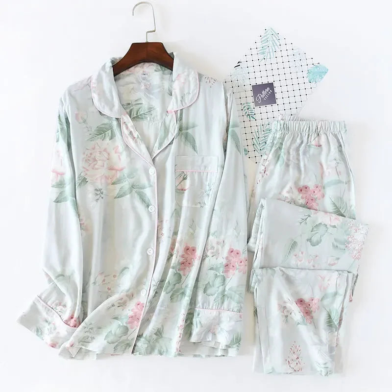 Japanese Style Women's Viscose Pajama Set - Floral Print, Long-Sleeve green flower / M