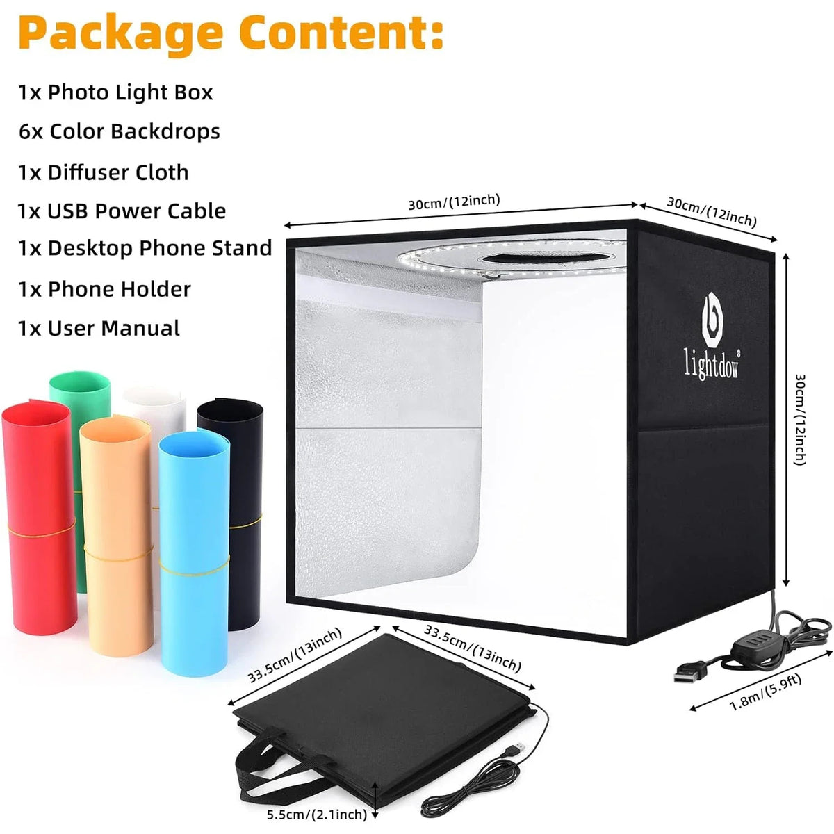 Lightdow A-FX00036 Light Box Kit &ndash; Dimmable 120 LED Lights 30x30x30cm