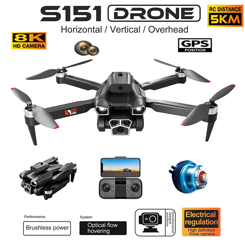 🟠 Новый S151 Drone безмолвного моторного беспилотного беспилоса Оптический поток 8K HD Двойная камера складной квадрокоптер избегание препятствий ESC Wi -Fi Dron RC Toys