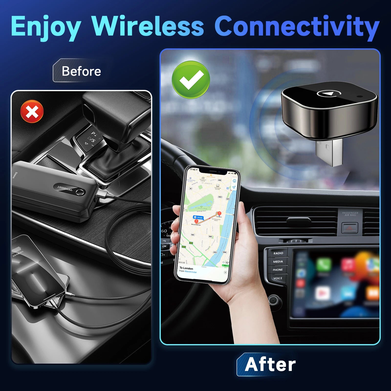 Pionray 2in1 Wireless CarPlay &amp; Android Auto Adapter for Smart Cars