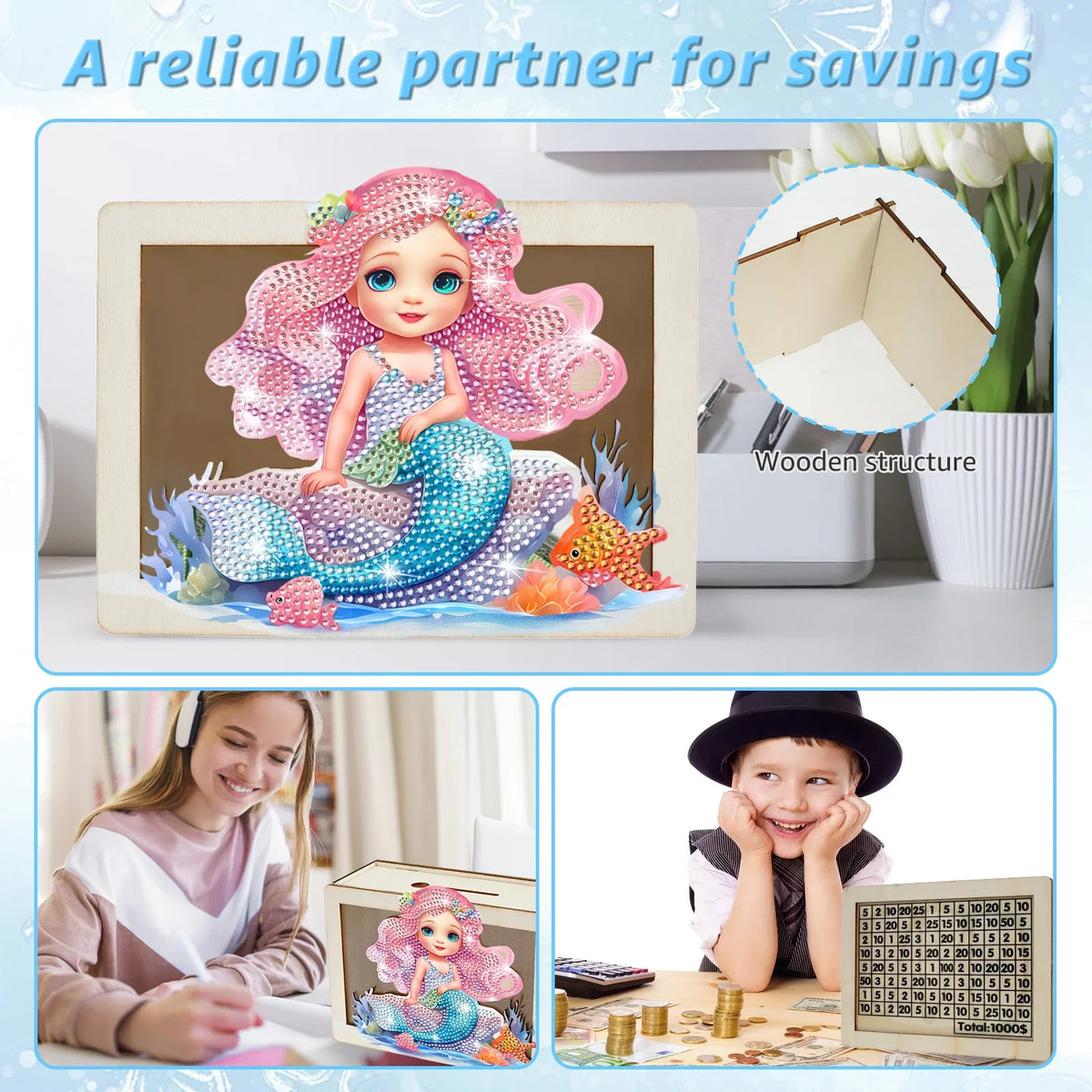 DIY Mermaid/Unicorn Wooden Piggy Bank with Diamond Painting &amp; Savings Goals