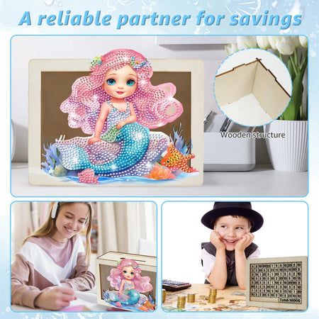 DIY Mermaid/Unicorn Wooden Piggy Bank with Diamond Painting &amp; Savings Goals