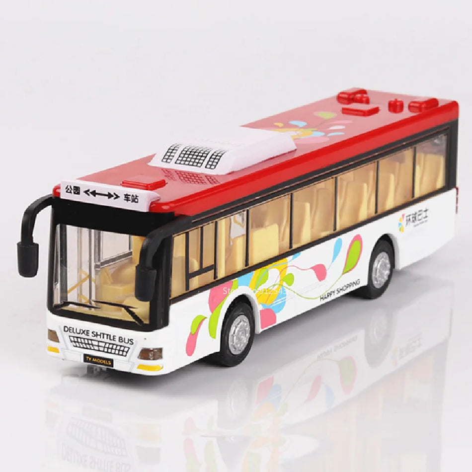 Jucărie autobuz din metal turnat cu sunet și lumină, cu retragere, 3 uși deschise
