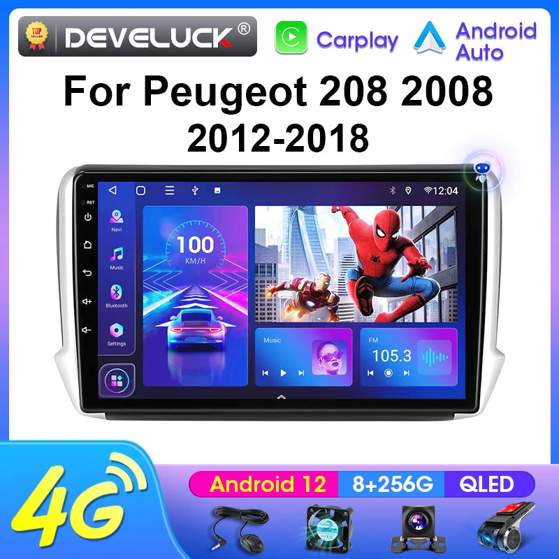 2 Din Android 12 Ραδιόφωνο Αυτοκινήτου για Peugeot 208 2008 2012 2018 Διπλό Din Πολυμέσα GPS Πλοήγηση 4G CarPlay IPS Κεντρική Μονάδα
