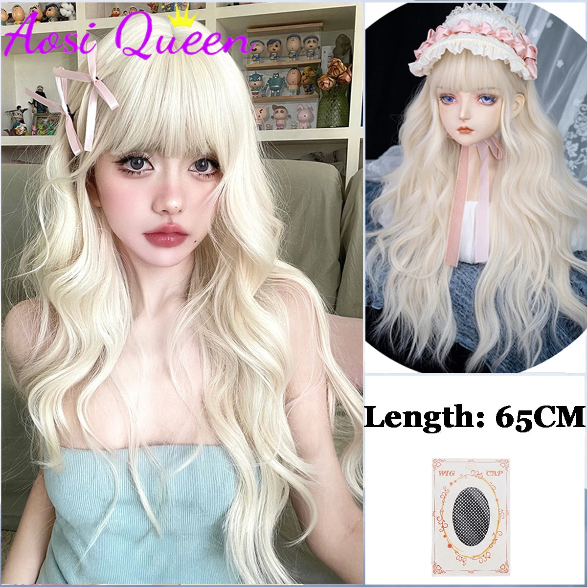 AosiQueen Black Pink Ombre Long Wavy Synthetic Wig with Bangs for Cosplay Orange