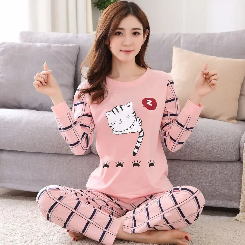 Autumn Thin 2-Piece Pajama Set - Round Neck &amp; Cartoon Style for Women 10 / XL
