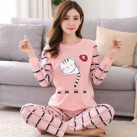 Autumn Thin 2-Piece Pajama Set - Round Neck &amp; Cartoon Style for Women 10 / XL
