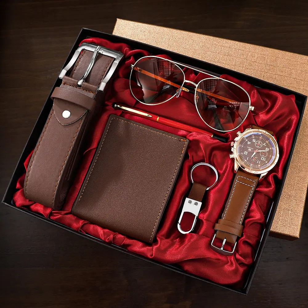 SHAARMS Men's Luxury 6-in-1 Gift Set: Watch, Glasses, Pen, Keychain, Belt &amp; Wallet