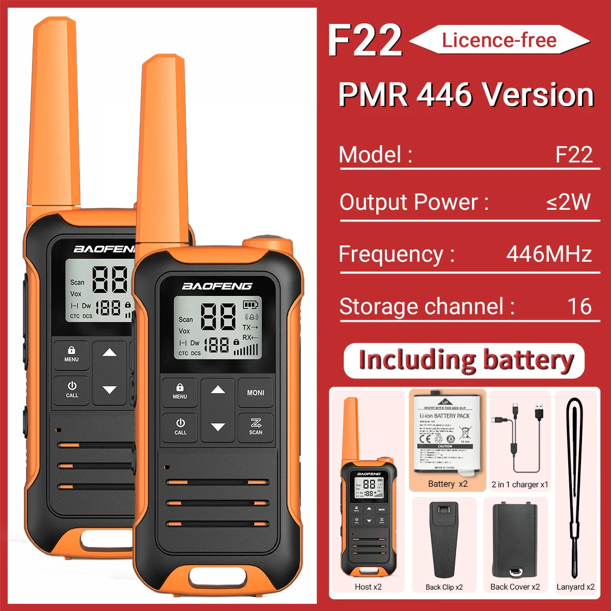 Baofeng F22 Mini Walkie Talkie PMR FRS - Long Range PMR -Orange