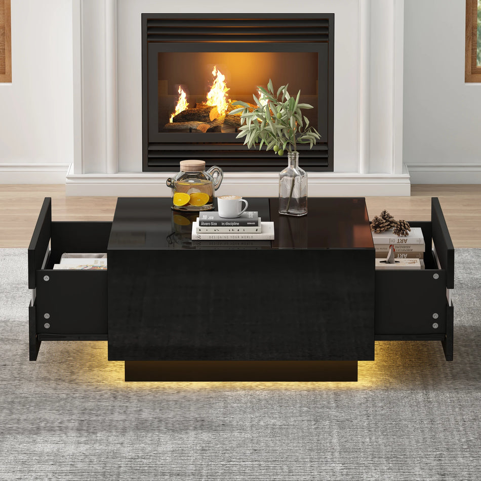 Tavolino da caffè quadrato con LED e due cassetti, alta lucentezza