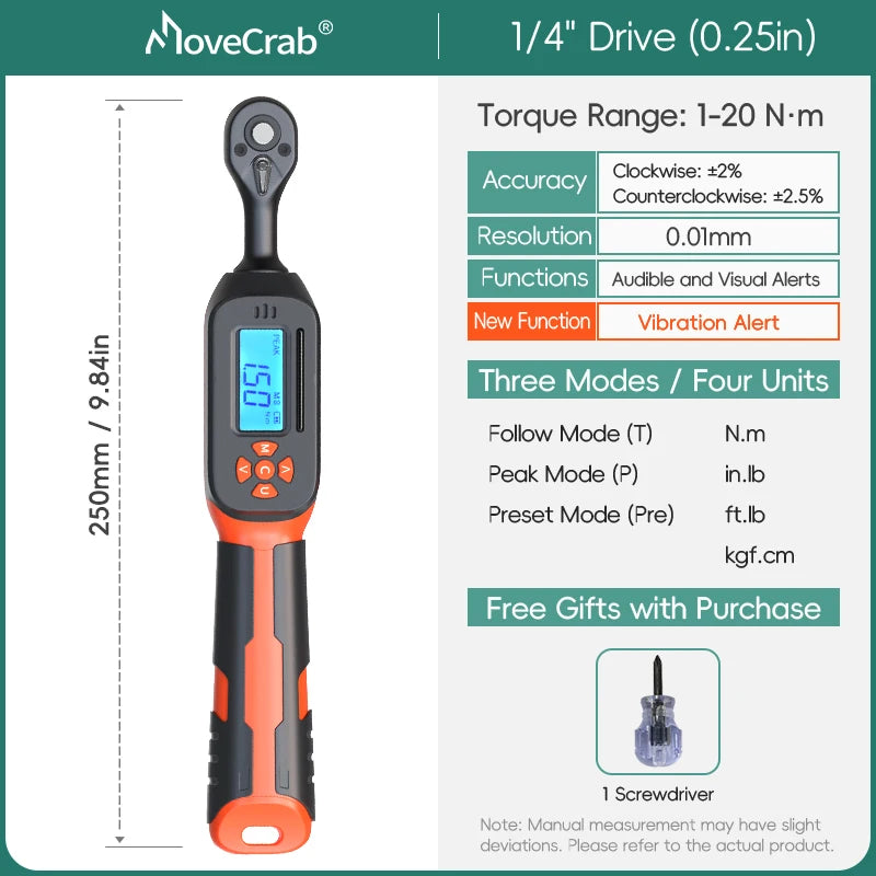 MOVECRAB Digital Torque Wrench 1.5-340N.m &ndash; High Precision with Buzzer and LED Notification 1-20N.m-vibration