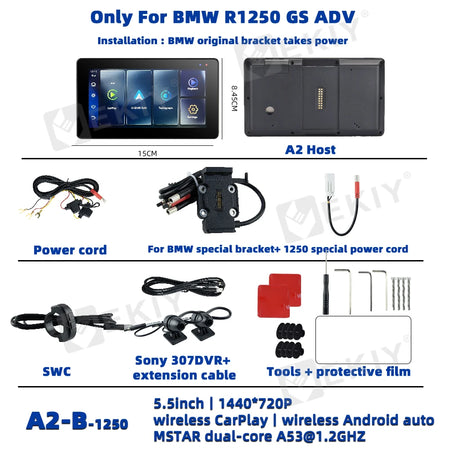 EKIY Motorcycle GPS Wireless Carplay Android Auto Monitor &ndash; Waterproof 5.5 Inch Display for BMW R1200GS ADV R1250GS ADV A2-B-1250