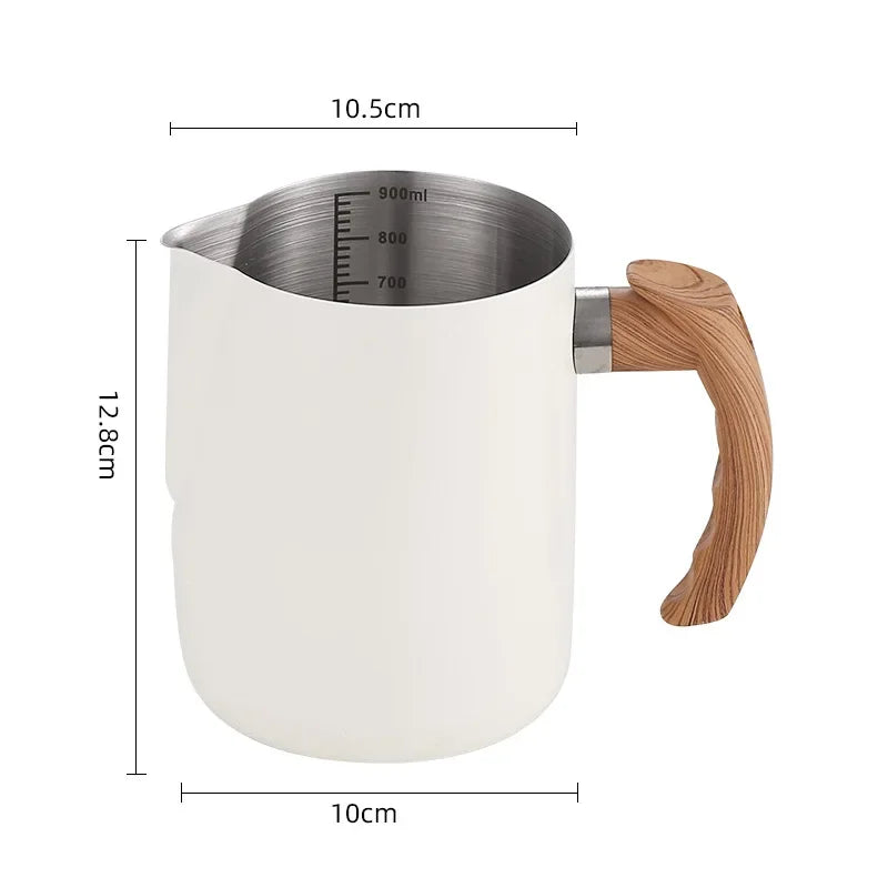304 Stainless Steel Coffee Milk Frothing Pitcher &ndash; Precise Scale with Wooden Handle Beige 900ML