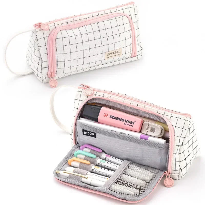 Multi-Layer Plaid Pencil Case - Ideal for Organisation &amp; Style Black White