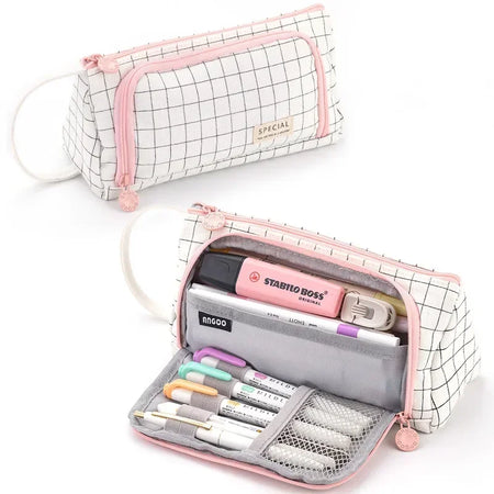 Multi-Layer Plaid Pencil Case - Ideal for Organisation &amp; Style Black White