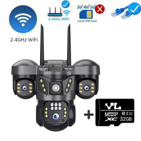 V380 Pro WiFi IP Camera 15MP Triple Lenses Triple Screens Security Video Monitor Night Vision Outdoor Waterproof CCTV Cameras WIFI Cam 32G Card / US Plug