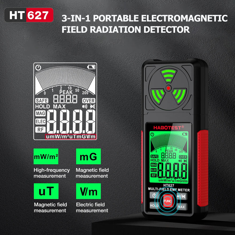 Misuratore EMF Portatile 3-in-1 per Campo Elettrico, Campo Magnetico e Radiazioni RF