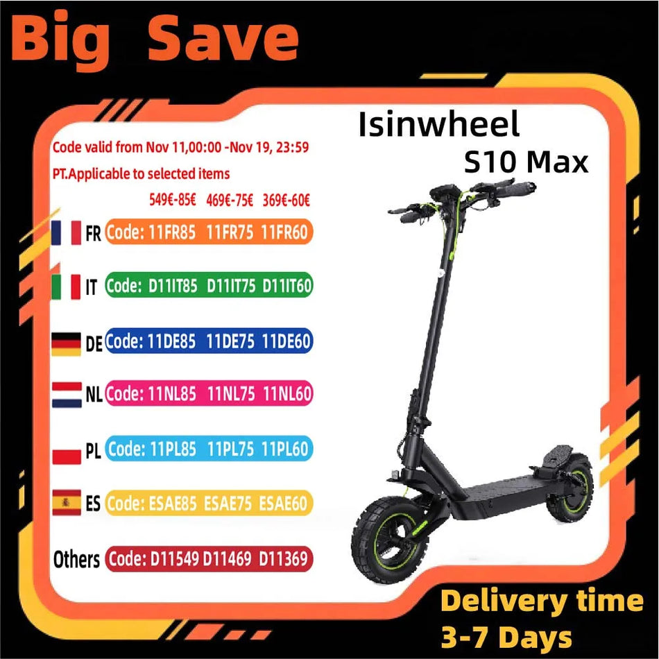 Isinwheel S10 Max Ηλεκτρικό Σκούτερ 1000W, Αναδιπλούμενο 48V 15Ah, 10 Ίντσες Off Road