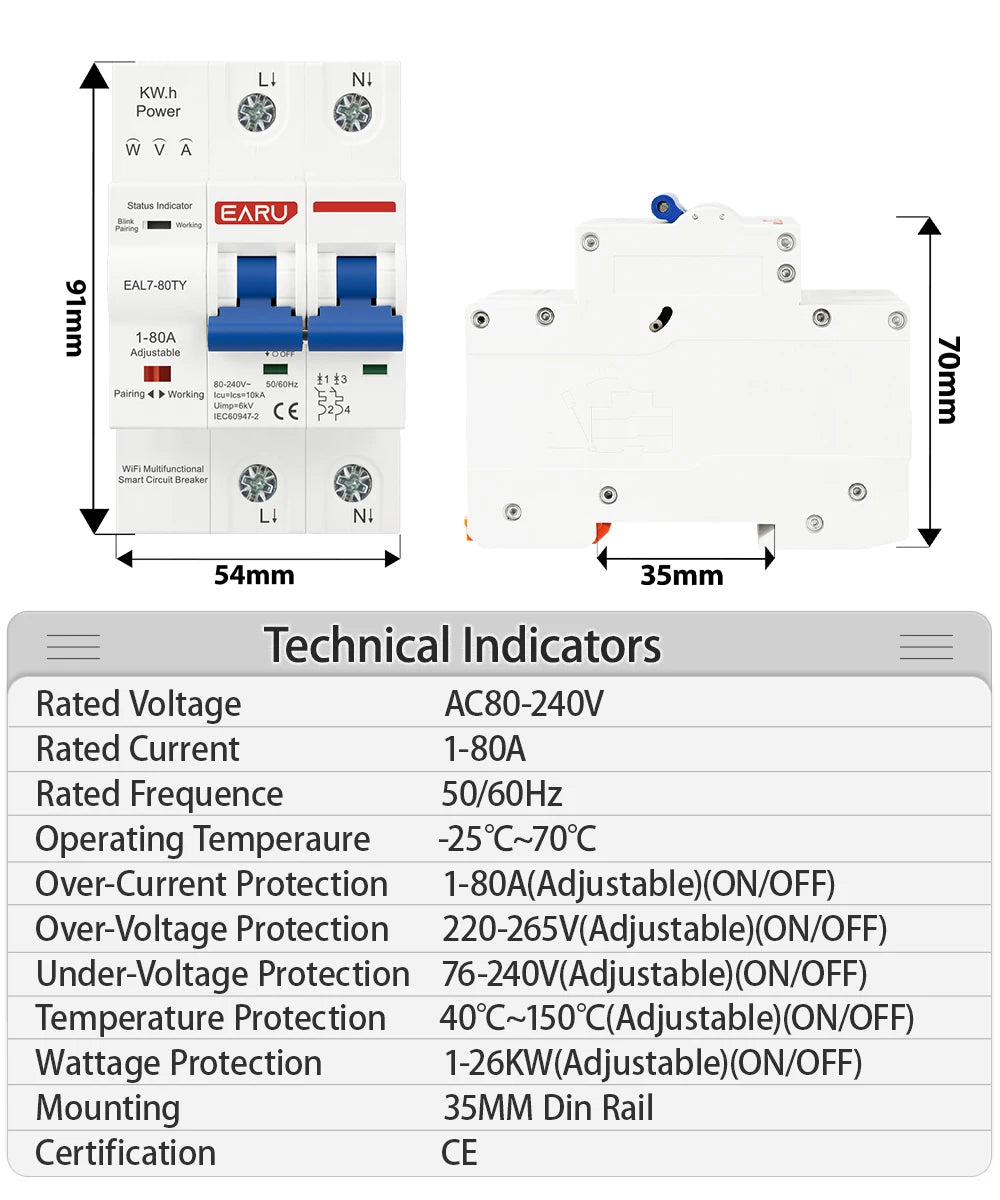 Adjustable Tuya WiFi Smart Circuit Breaker with Energy Meter and Protection Features