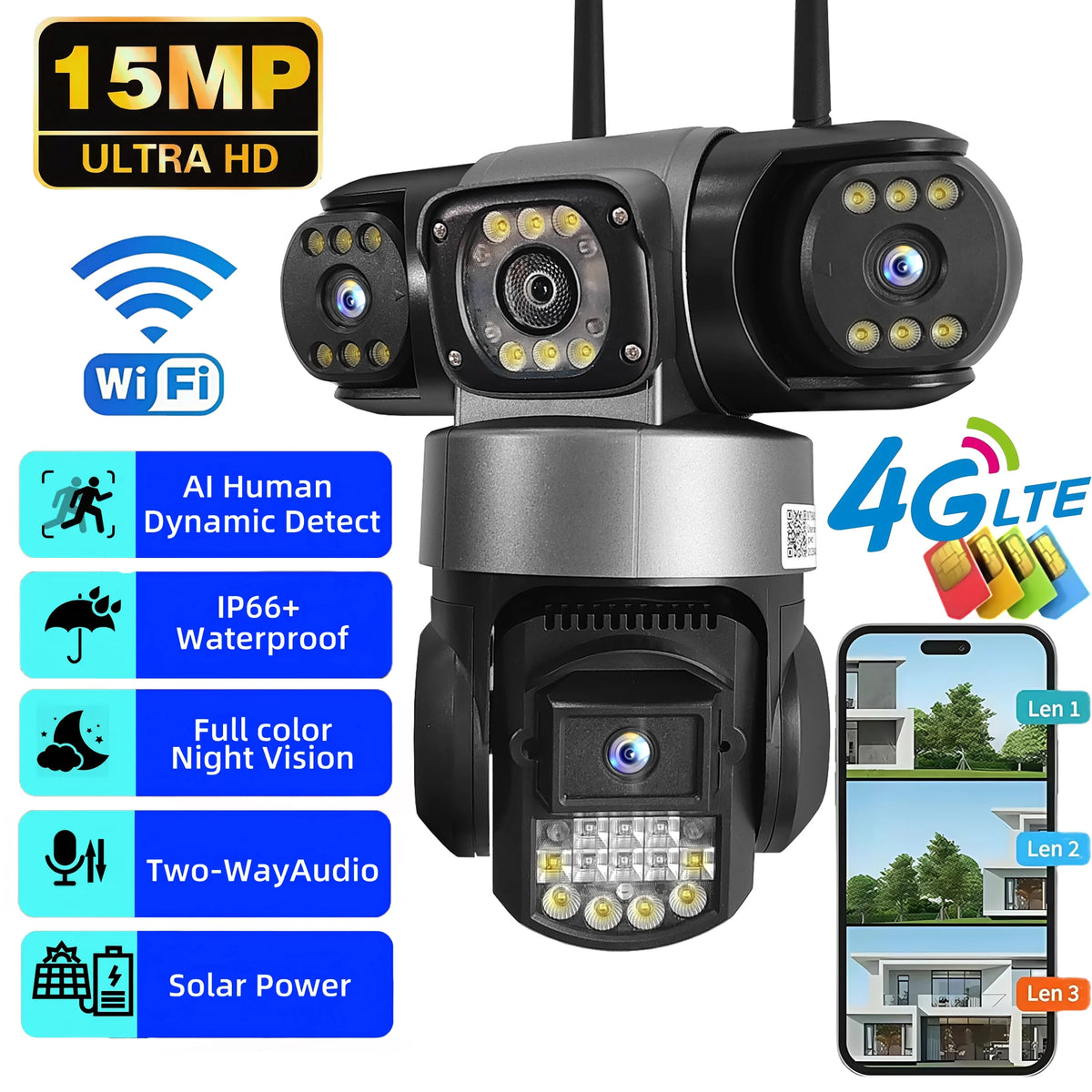 15MP 4G SIM Surveillance Camera Triple-Lens Triple Screens IP66 15MP 4G SIM Surveillance Camera Triple-Lens Triple Screens IP66