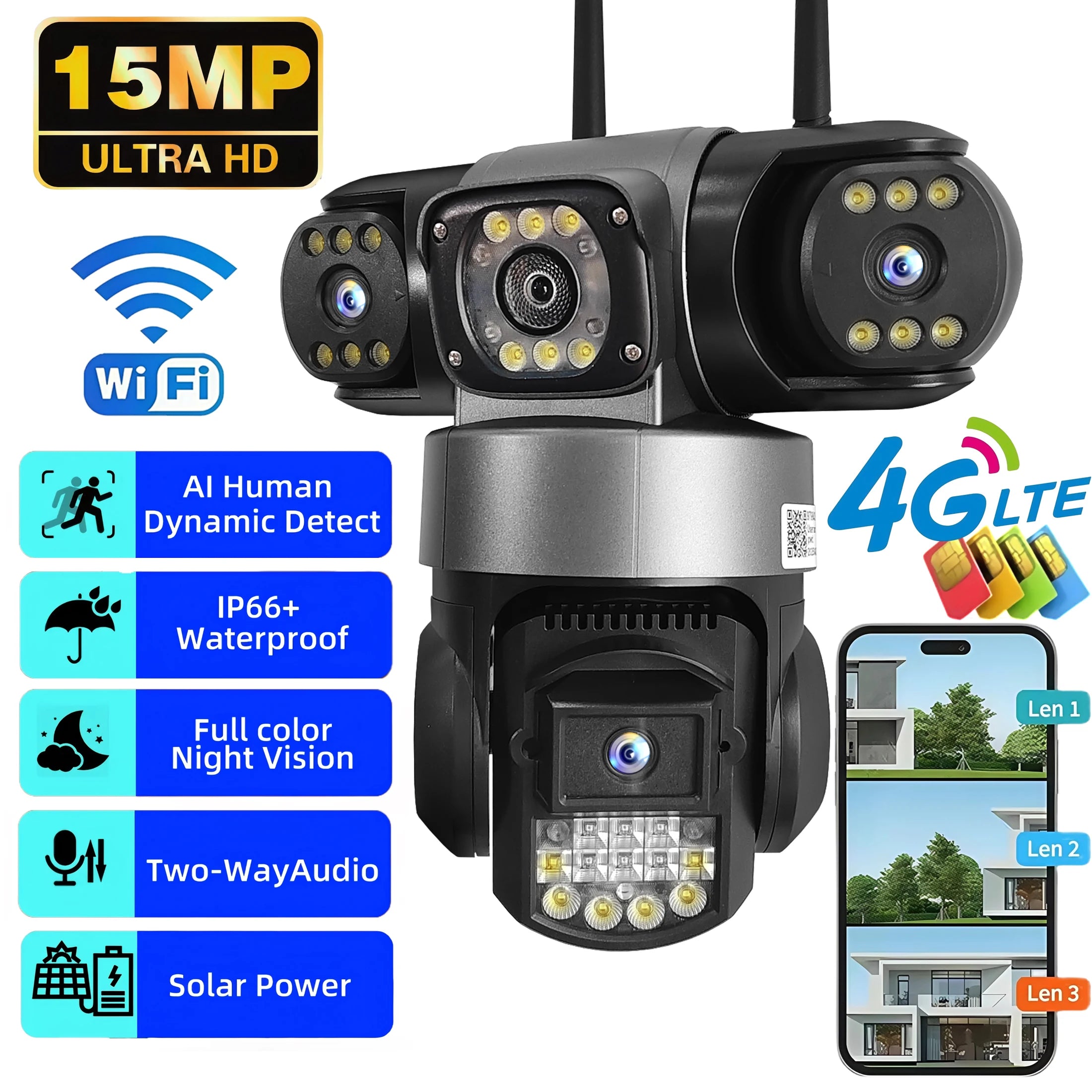 15MP 4G SIM Surveillance Camera Triple-Lens Triple Screens IP66 Outdoor HD Night Vision Outdoor WiFi IP Security Camera V380 Pro
