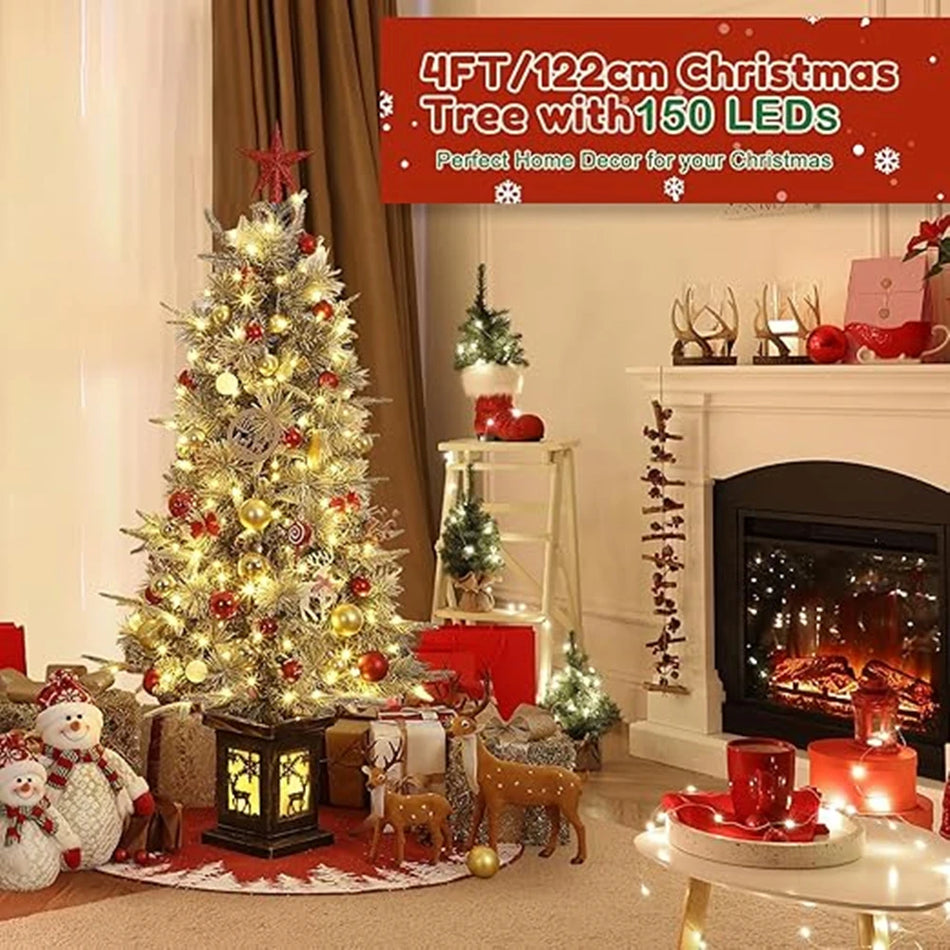 4ft Snow-Flocked Artificial Christmas Tree with 150 Multicolor Lights and Warm White, 9 Lighting Modes