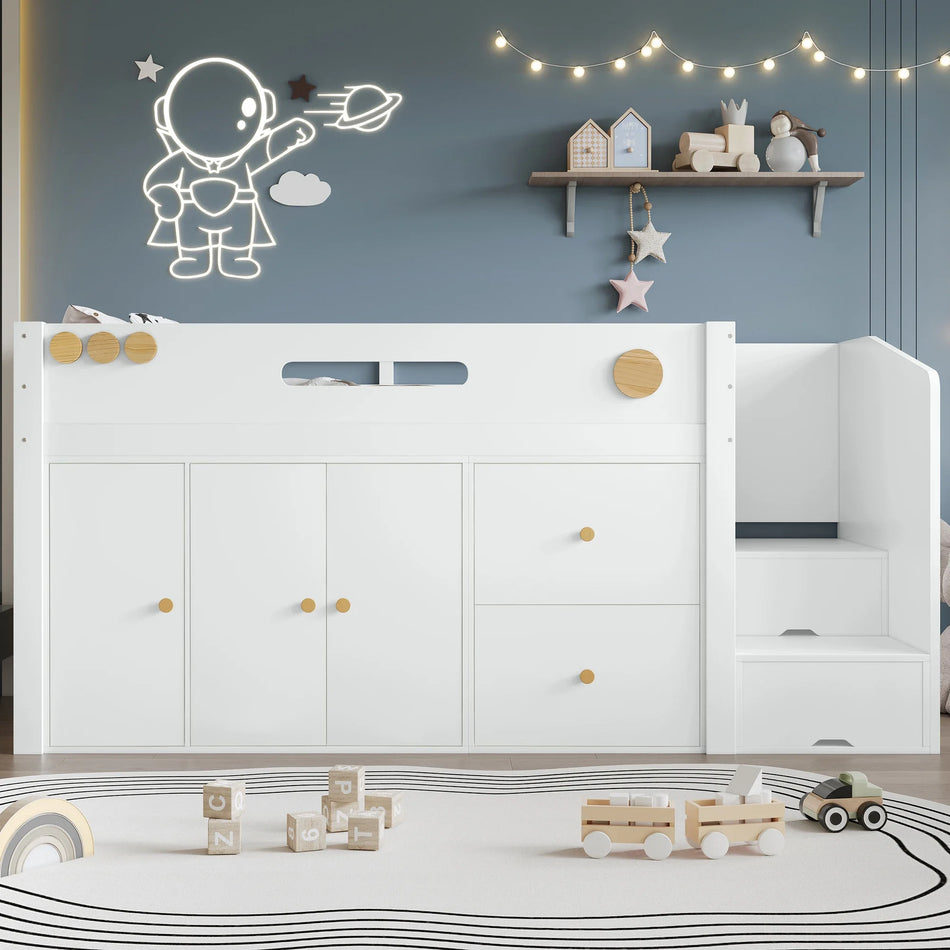 Ξύλινο Κρεβάτι Παιδιών Μισού Ύψους Με Αποθηκευτικό Χώρο Και Ντουλάπα 90x200