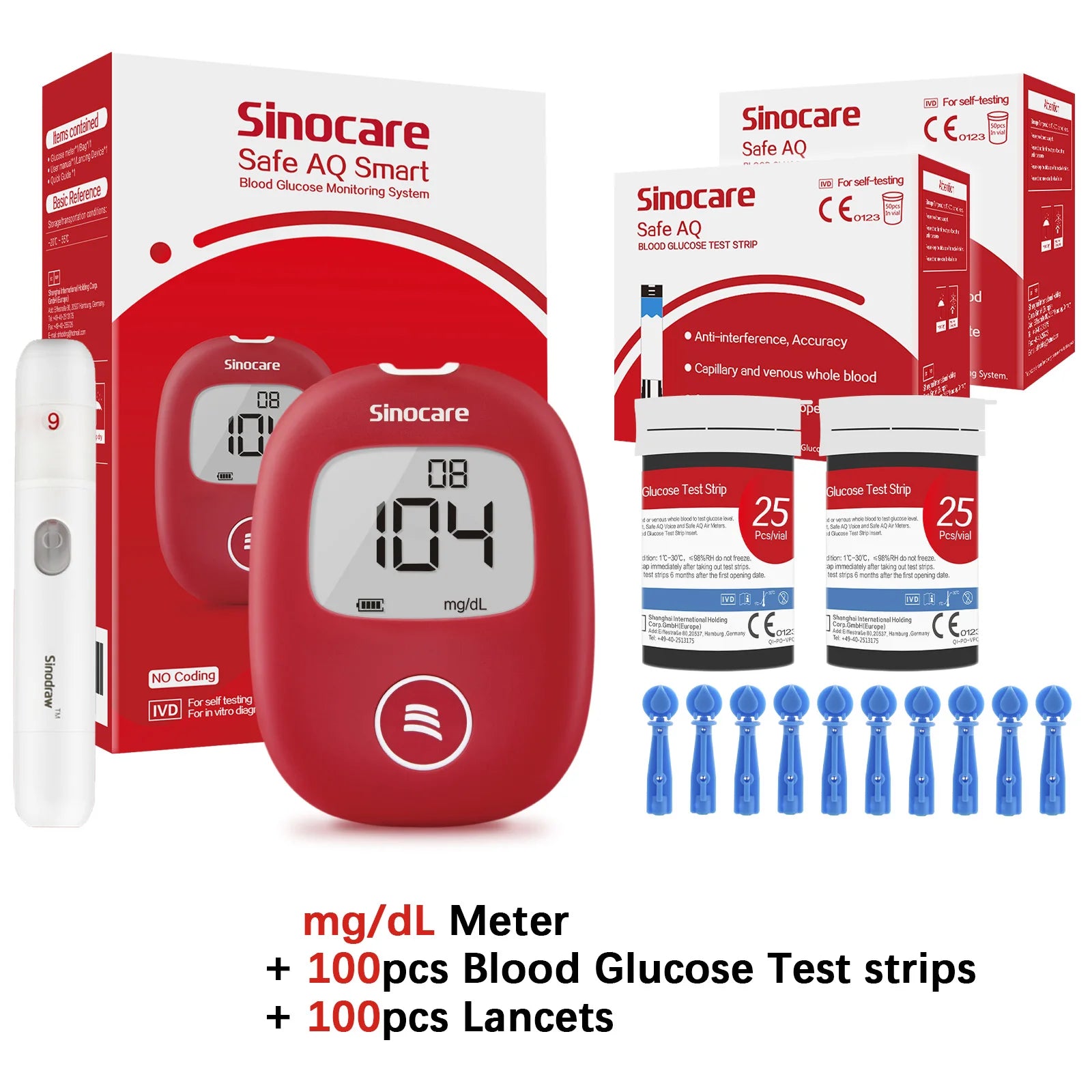 Safe AQ Blood Glucose Meter &ndash; Fast Results in 5 Seconds mg Meter 100 Strips / CHINA