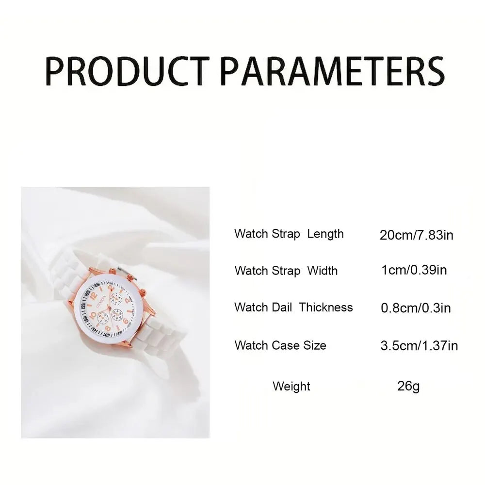 Elegant Women's White Silicone Quartz Watch Set