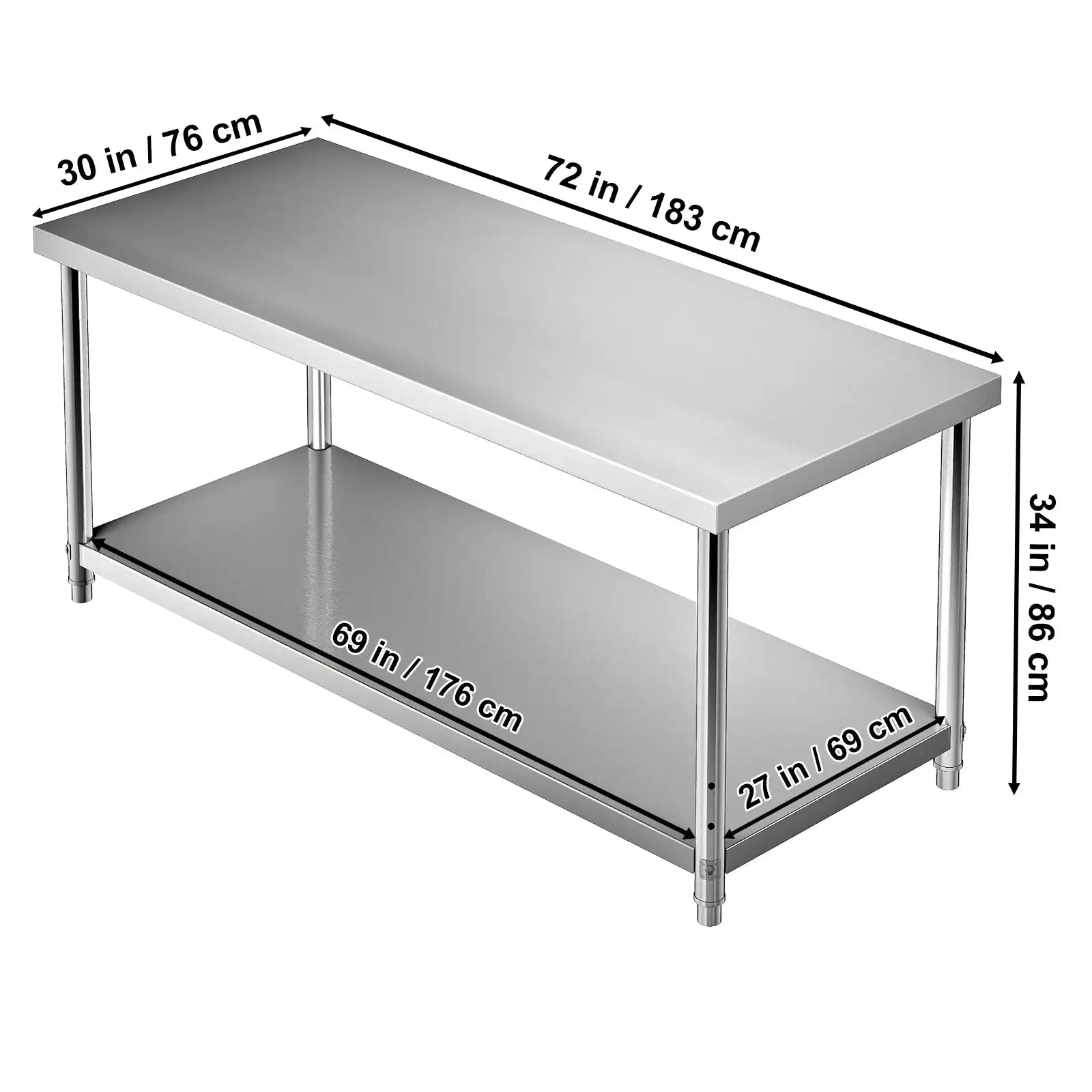 Stainless Steel Prep Table 550lb Load Adjustable Shelf 72 x 30 x 34 inch / Poland