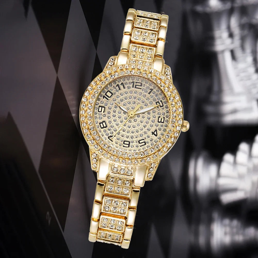 Elegant Gold Quartz Watch for Women with Diamond Accents
