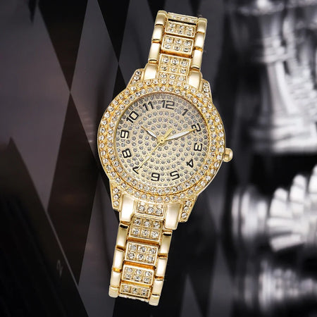 Elegant Gold Quartz Watch for Women with Diamond Accents
