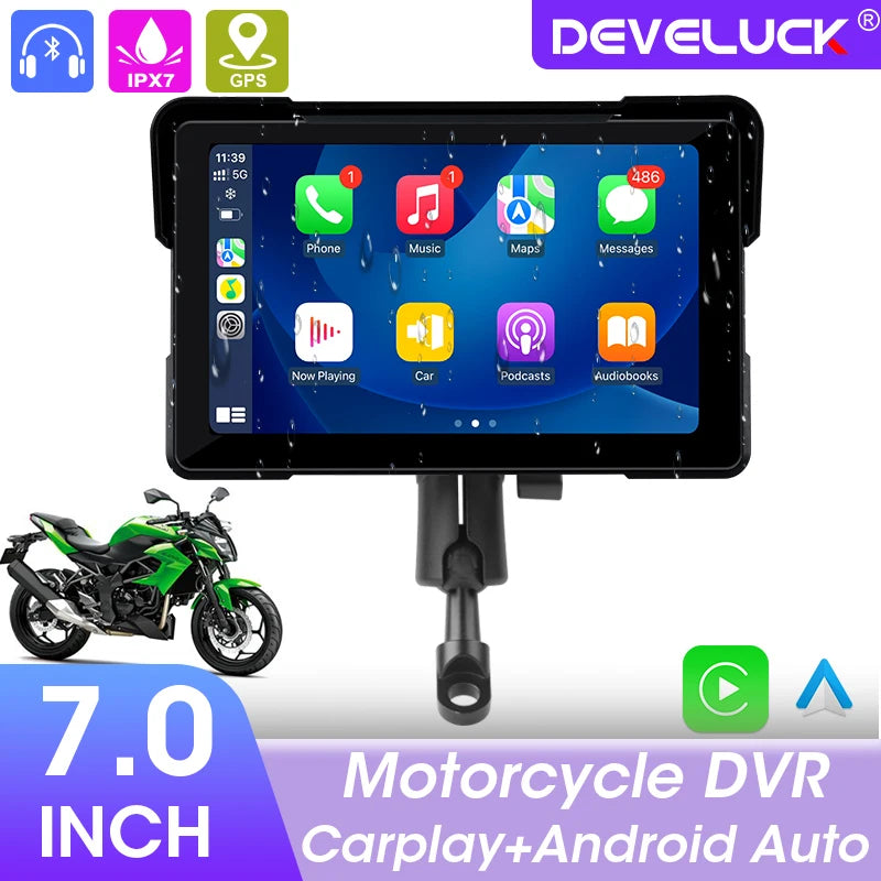 Develuck 7-Inch GPS Motorcycle Monitor with Wireless CarPlay and Android Auto, IPX7 Waterproof DVR Display