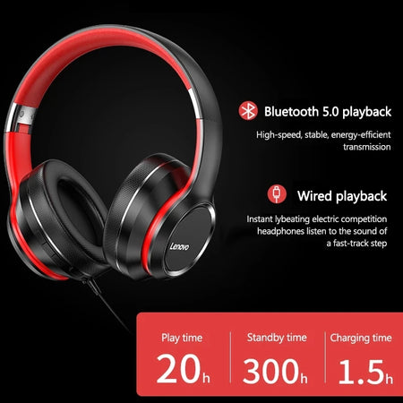 Lenovo HD200 Bluetooth Earphones - Foldable Wireless Headphones with Noise Cancellation