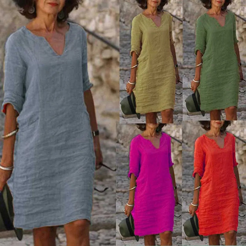 Vintage V-Neck Mini Dress for Women &ndash; Casual Cotton Linen Summer Style
