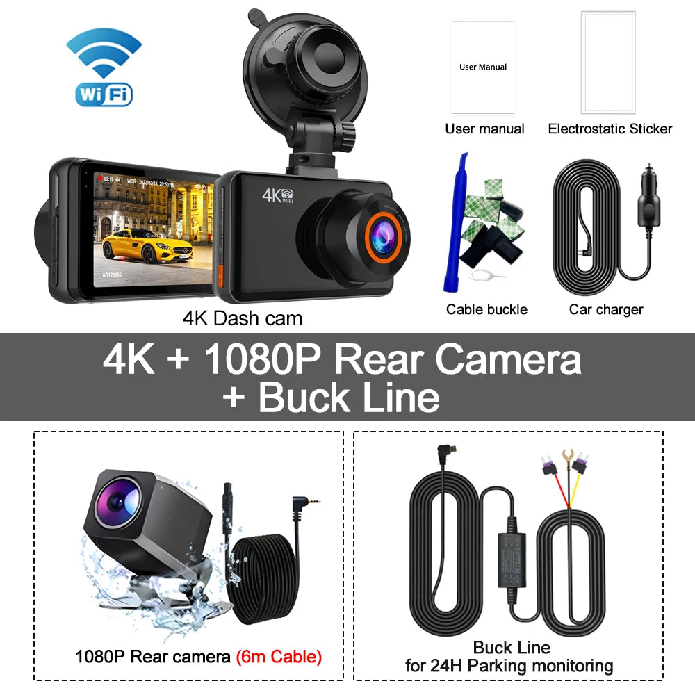 Kocam 4K WiFi Dash Cam &ndash; Dual Lens Front and Rear Recording 4K  - 6M RCC - BL / 128G