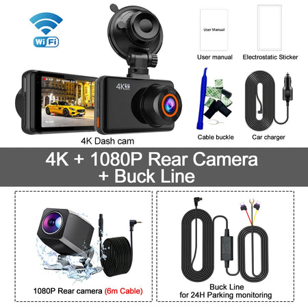Kocam 4K WiFi Dash Cam &ndash; Dual Lens Front and Rear Recording 4K  - 6M RCC - BL / 128G