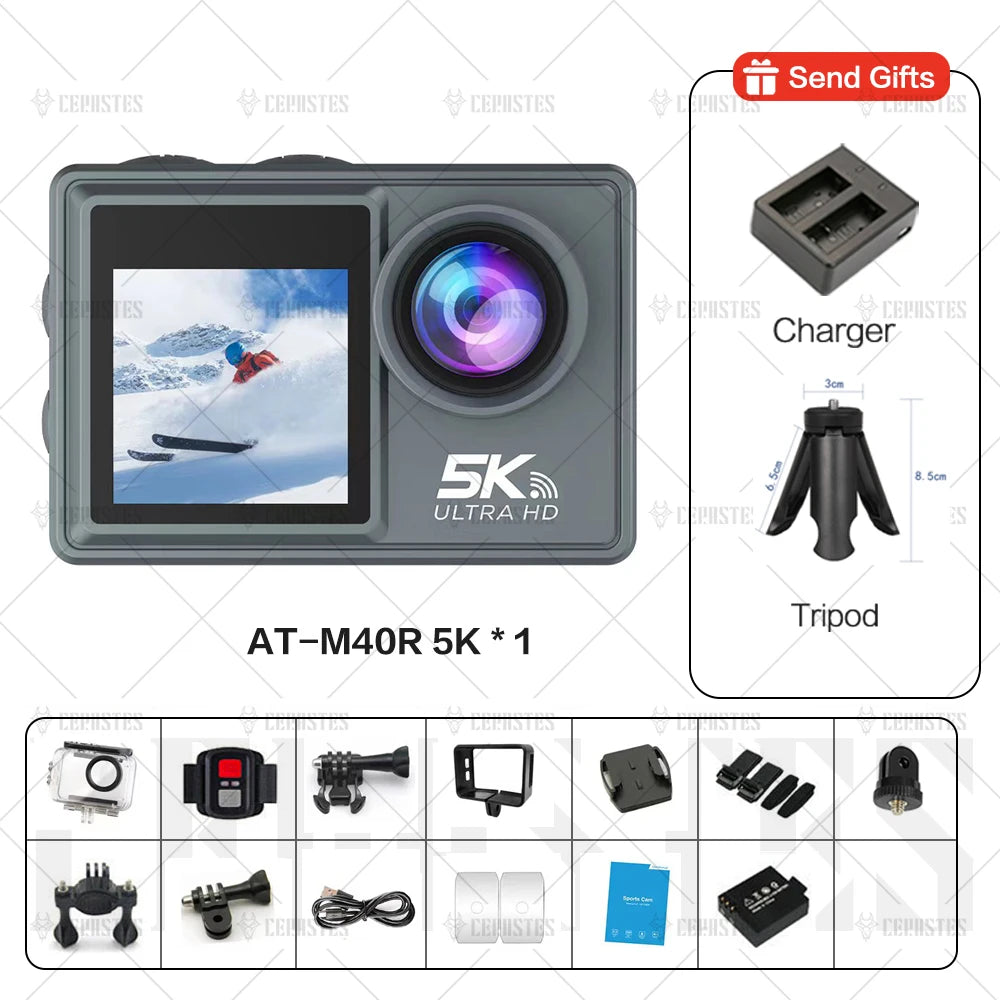 CERASTES 5K WiFi Action Camera &ndash; Dual Screen 170 Degree Wide Angle AT-M40R B / 0G