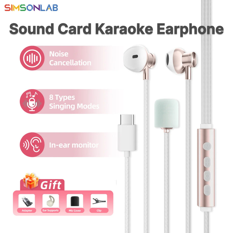 Karaoke Sound Card Earphones with Real-Time Monitoring, 8 Modes, Type-C Mic
