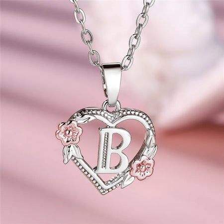 Charming Silver A-Z Letter Flower Pendant Necklace for Women B