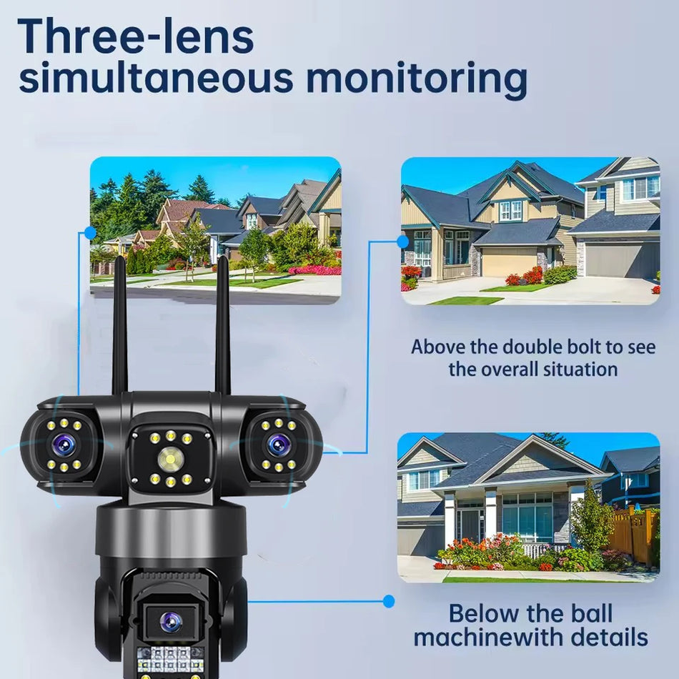 V380 Pro WIFI 12MP 6K Camera Three Lens Color Night Vision Surveillance Monitor Outdoor Motion Detection 3 Screen Video Recorder