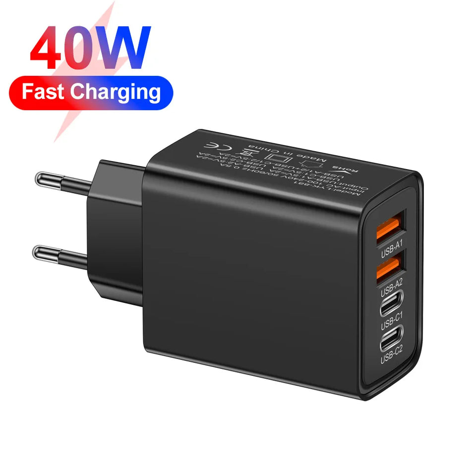 Minisopuru Carregador Rápido de Parede 40W USB C 4 Portas PD QC Cube