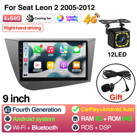 9Inch Car Radio SEAT Leon MK2 &ndash; Wireless CarPlay Android 4 64GB 12LED