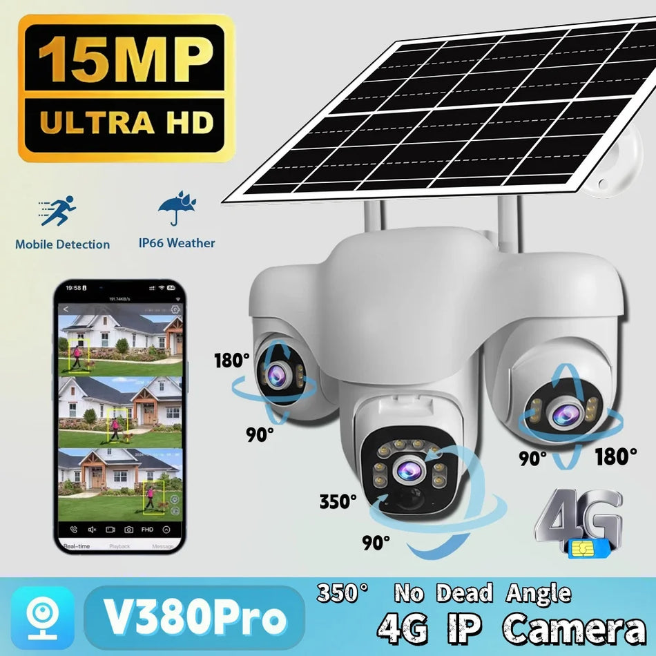 V380 Pro 4G Solar Camera 15MP 10X Zoom Triple Lens CCTV Outdoor Triple Screen PIR Motion Detection Security Surveillance Camera