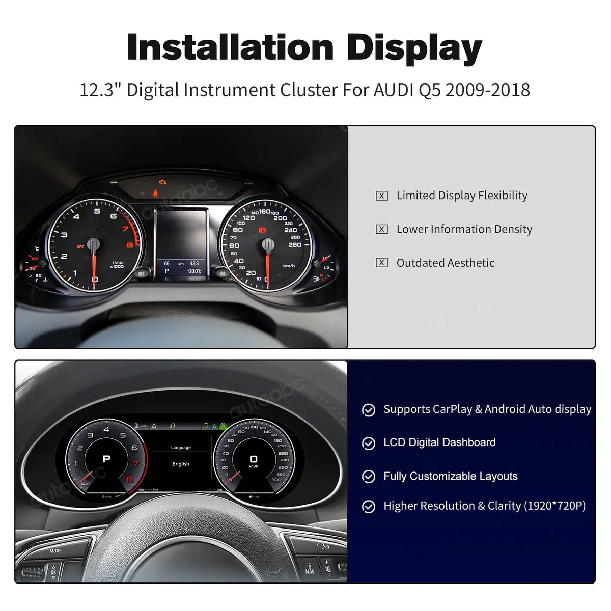 AUTOABC 10.25"LCD Digital Dashboard Cluster Wireless CarPlay Android Auto FOR Audi Q5 2009-2018year Support Steering wheel by InterCyprus Trading Ltd