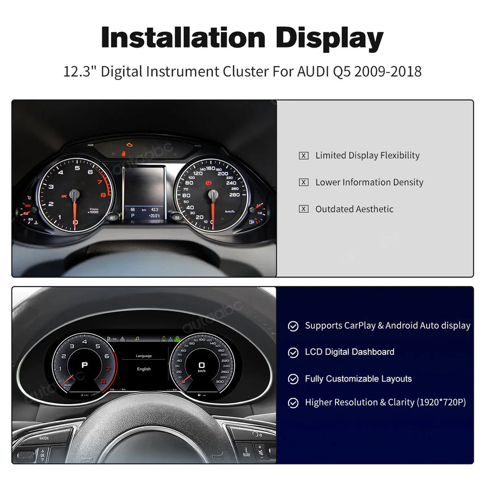 AUTOABC 10.25"LCD Digital Dashboard Cluster Wireless CarPlay Android Auto FOR Audi Q5 2009-2018year Support Steering wheel by InterCyprus Trading Ltd